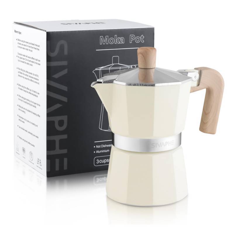 lot 49693 image: Sivaphe Aluminum Moka Pot 3 Espresso Cups, Percolator Espresso and Coffee Maker, Portable Stovetop Italian and Cuban Cafe Brewer for Home and Camping White - Retail $21