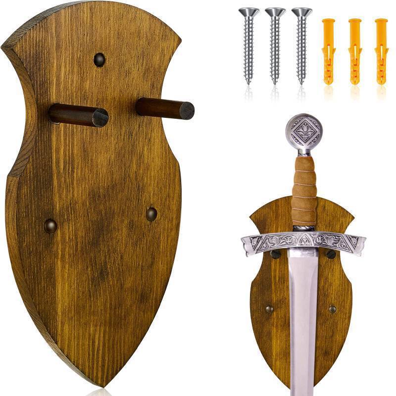 lot 59436 image: Queekay Wooden Sword Wall Mount Plaque Hanger for Katana Sword Display Stand for Wall Display Plaque with Hardware(Bright Brown,Stylish) - Retail $16