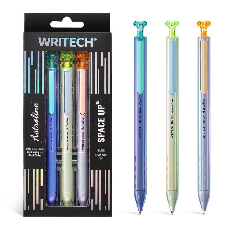 lot 26802 image: WRITECH Gel Pens Black Ink Sleek Metal Barrel Pen Fine Point 0.7mm Retractable 3ct No Smear Quick Dry Smooth Writing Silent Clicker Space Up Astroline - Retail $20