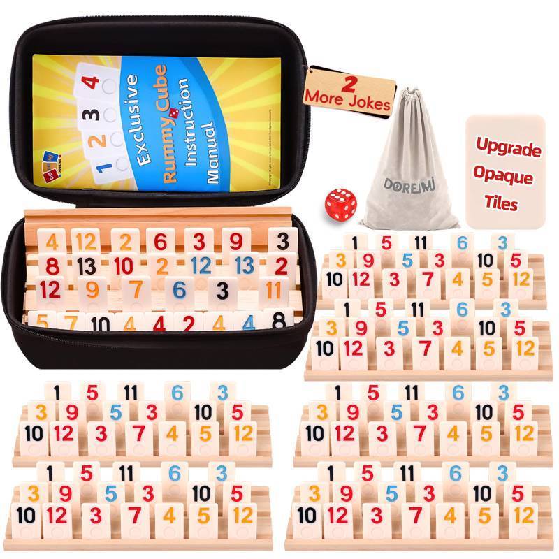 lot 26829 image: Doreimi Upgraded Rummy Cube Game Set 6 Plays with 6 Wooden Holders and 162 Rummy Tiles, Travel and Family Board Game for Adults and Kids Age 8,Birthday Gifts for Women Men Dad Mom - Retail $35