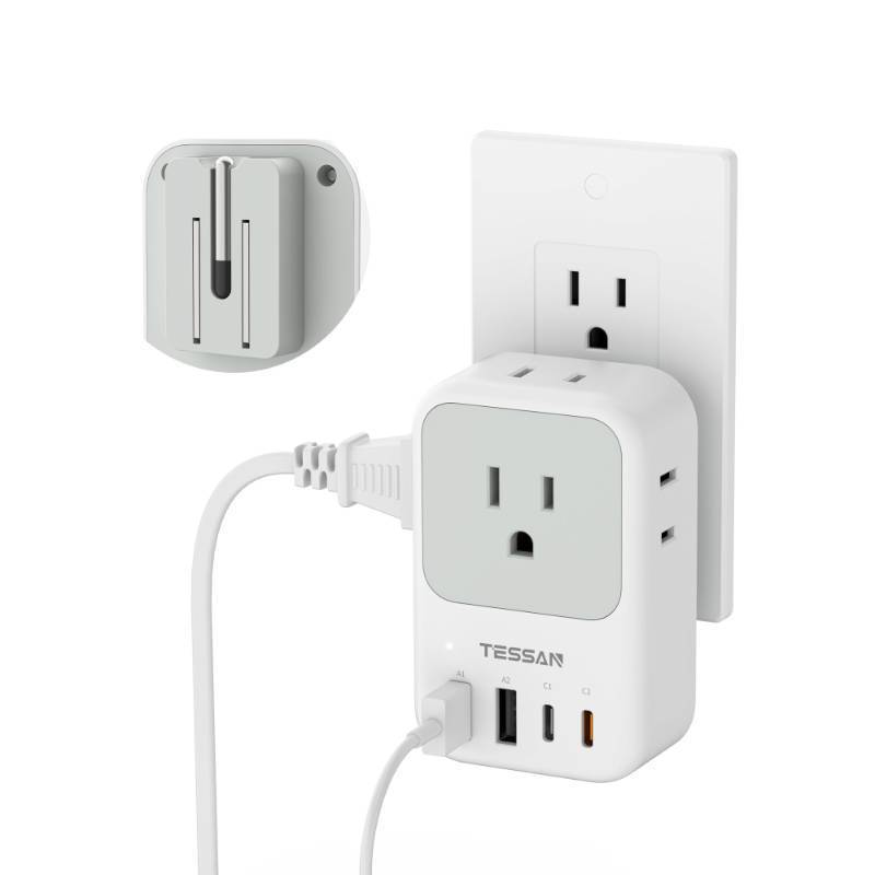 lot 40616 image: USB C Charger Block 20W, TESSAN PD Fast Charging Adapter with Foldable Plug, 1875W Power Outlet Extender(4 AC and 4 USB) for Cruise, Home, Office, Dorm - Retail $14