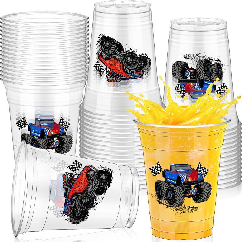 lot 49724 image: Pickmesh 23 Pcs Monster Truck Birthday Party Plastic Cup 12 Oz Monster Thick Clear Cup Truck Cups Birthday Table Decorations Party Favor - Retail $16