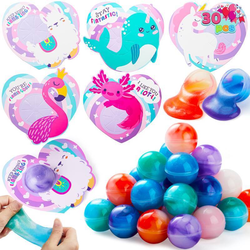 lot 49753 image: JOYIN 15 Packs Valentines Day Gift Cards with Rainbow Slime Stress Relief Fidget Toy for Classroom Exchange Prizes, Valentine Party Favors, Classroom Exchange Gifts - Retail $28