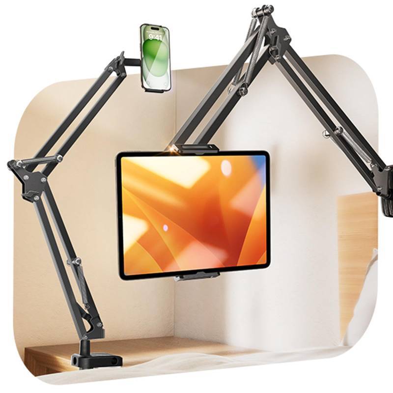 lot 26866 image: LISEN Tablet Stand iPad Stand for Desk Mount Ultra Sturdy 2 Clamps iPad Holder for Tablet Holder Mount Desk Accessories for Men fits iPad Air, iPad 12, iPhone 17e, 4-13 Device (Black) - Retail $25