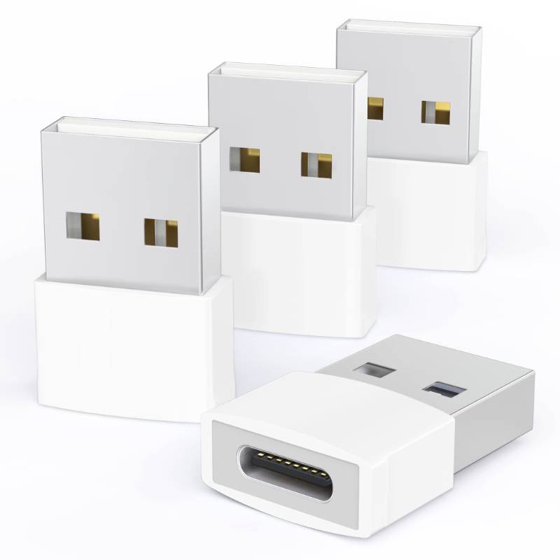 lot 33044 image: Syntech USB to USB C Adapter 4 Pack, Type C Female to USB Male Converter Power Charger Cable Adapter Compatible with MagSafe Apple Watch Series 10SEUltra 2 iPhone 17 E Air Pro Max AirPods Pro, White - Retail $9