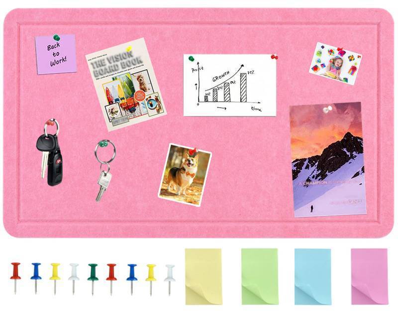 lot 59876 image: Vuzvuv Pink 28x16 Large Cork Board with 50 Push Pins for Valentines Day, Self-Adhesive Bulletin Board for Wall, Felt Pin Vision Board for Paste Notes,Schedules Offices Home - Retail $16