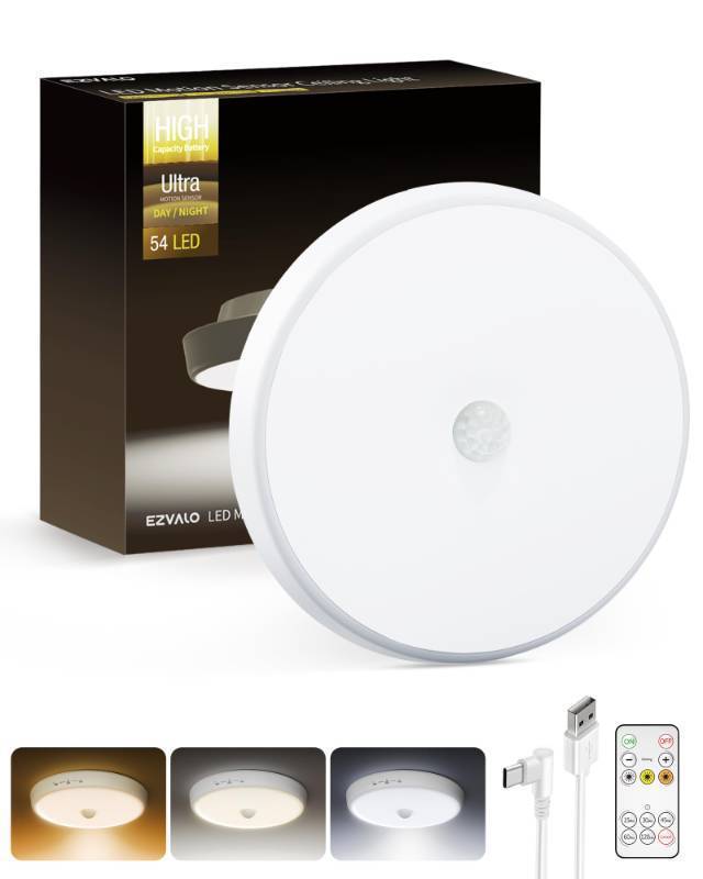 lot 59613 image: EZVALO Motion Sensor Light Indoor, 10000mAh, 7.1inch, 400LM, Remote Control, Dimmable, LED, Flush Mount, Wireless, Rechargeable, Battery Operated, Cordless, Ceiling Light, Closet Light, No Wiring - Retail $25