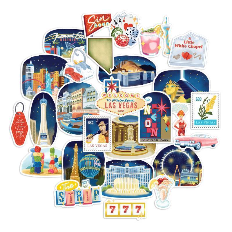 lot 50626 image: Navy Peony Glitzy Las Vegas Travel Stickers (11pcs) - Gouache Style, Waterproof, America-Themed Vacation Stickers for Scrapbooking, Journals, Suitcase - Retail $10