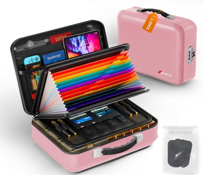 lot 50003 image: Fireproof Document Box with Lock, 5200°F Fireproof Water Resistant Hard Case File Organizer Safe Box for Important Documents, Certificates, Laptop, Passports (Pink) - Retail $60