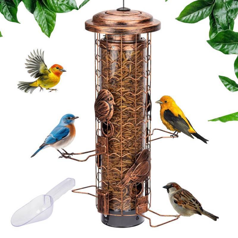 lot 50065 image: Squirrel-Proof Bird Feeders for Outdoors Feeds Mealworms and Seeds - Large 3-Pound Capacity, Weather-Resistant Hanging Tube for Birds Includes Seed Scoop, 4 Hook-Shaped Perches, Anti-Squirrel Weights - Retail $47
