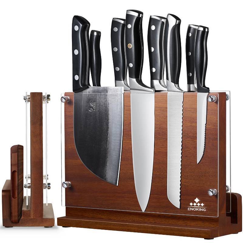 lot 23559 image: ENOKING Magnetic Knife Block with Acrylic Shield 12 x 9 Inches, Double Side Kitchen Knife Holder without Knives- Acacia Wood Universal Knife Storage Organizer with Powerful Magnet for Kitchen Counter - Retail $37