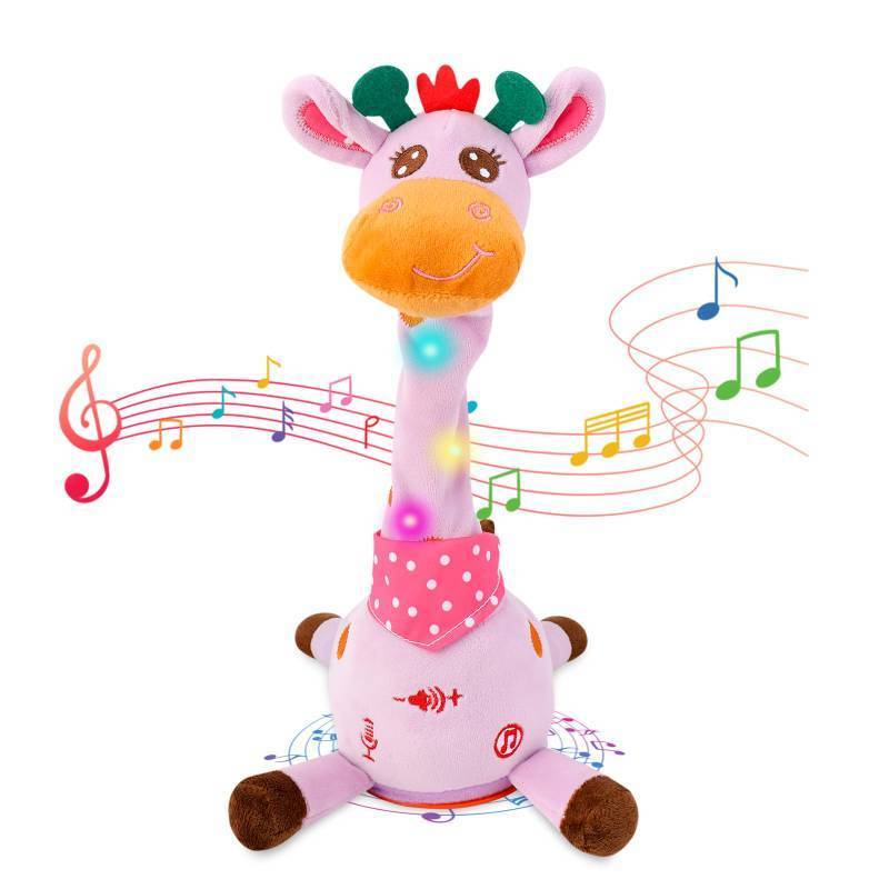 lot 50699 image: LLUKEME Dancing Talking Giraffe Toy, Stuffed Animal Baby Toy Repeating What You Say, Glowing Musical Electronic Giraffe Gifts for Toddlers 1-3 Years Old, Easter Gift for Kids (Purple Giraffe) - Retail $33