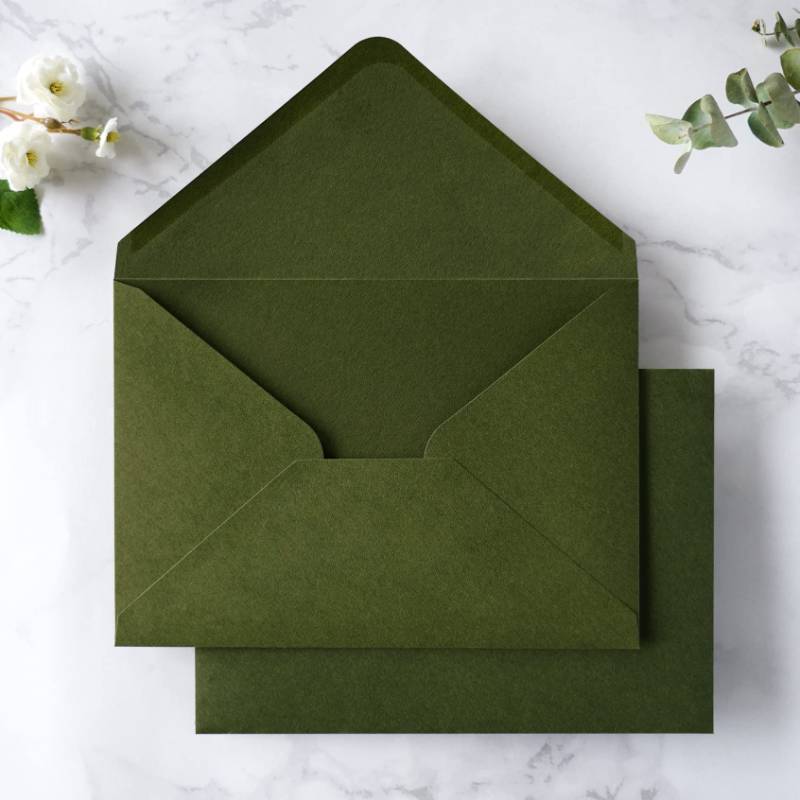 lot 51465 image: PONATIA 50 PCSPack A7 Envelopes, 5.25 x 7.25 Olive Green 5x7 Envelopes for Weddings Invitation Cards, Christmas Gift Cards, Acrylic Invitations, Photos and Any 5x7 Inserts - Retail $19