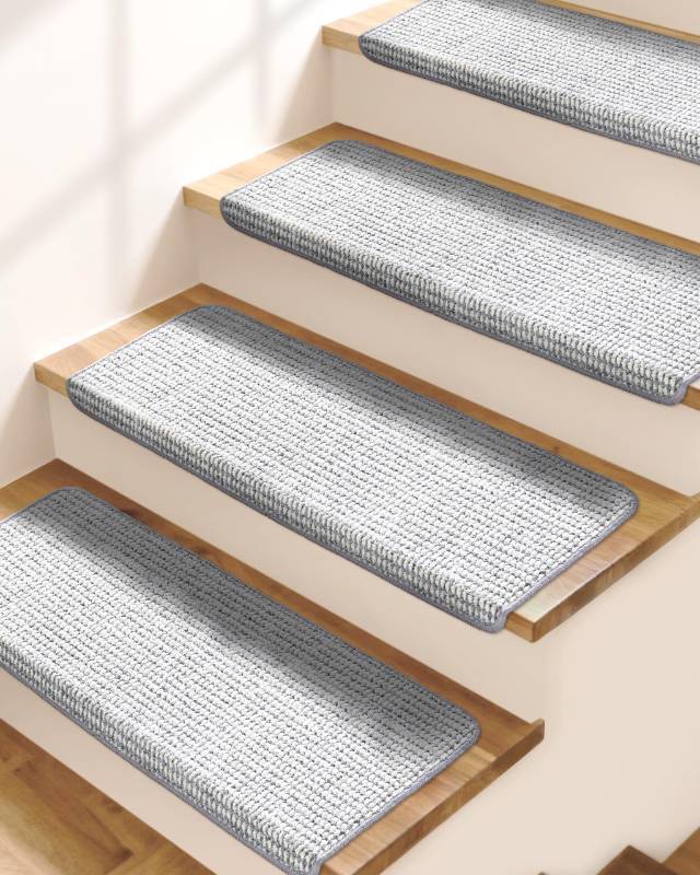 lot 2517 image: Bullnose Stair Treads for Wooden Steps 14 Pcs Washable Non Slip Stair Ruuner Peel and Stick Adhesive Indoor Step Covers Staircase Protector 29.5x9.5x1.5 Grey and White - Retail $100