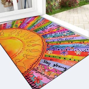 lot 2414 image: Likiyol Boho Sun Door Mat Outside Entrance, Colorful Floral Welcome Mat Front Door Mat Inspirational Quotes Non Slip Doormat Outdoor Indoor Entrance, Low Profile, Absorbent, 24 x 36 - Retail $40