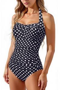 lot 2428 image: Tempt Me Women Black Polka Dot Tummy Control One Piece Swimsuits Push Up Slimming Bathing Suits Halter Vintage Swimwear XL&nbsp