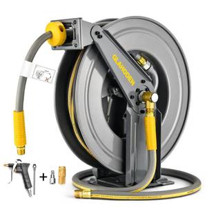 lot 2444 image: GLAHODEN Double Arm Air Hose Reel 50 ft Retractable, 12 in Hybrid Hose Heavy Duty Steel Professional Air Compressor Hose Reel with 5 ft Lead in Max 300PSI Auto Rewind Quick Coupler Swivel Fitting - Retail $156