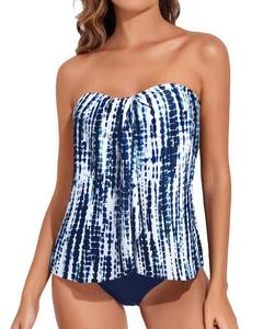 lot 2450 image: Tempt Me Blue Tie Dye Two Piece Tankini Bathing Suits for Women Halter Bandeau Swim Top with Bottom Flyaway Tummy Control Swimsuit M&nbsp