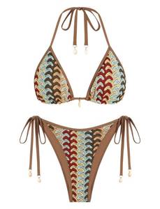 lot 2451 image: ZAFUL Womens Colorblock Stripes Triangle Halter Tied Cheeky Thong Bikini Set High Cut Two Piece Bathing Suit (2-Coffee w, S)