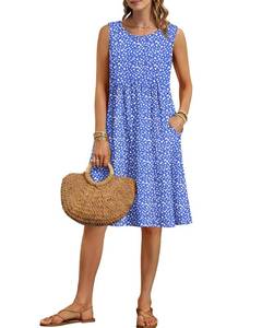 lot 2455 image: AUSELILY Summer Knee Length Dress Women A Line Sleeveless Loose Sundress Crew Neck Floral Vacation Beach Dress with Pockets 2026 New Royal Blue Spot M&nbsp