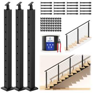 lot 2467 image: CKE 10-15ft Complete Set 36 Stair Cable Railing Post Kit (35x2x2) for 25°-35° Stair, 3 Pack Stair Cable Posts, 220ft 18 Wire Rope, Black Invisible Cable Railing System DIY Kit(No Handrail) SPS01 - Retail $230