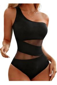 lot 2475 image: Tempt Me Women Black One Shoulder One Piece Swimsuits Full Coverage Cutout Mesh Sexy Bathing Suits Tummy Control Swimwear XL&nbsp