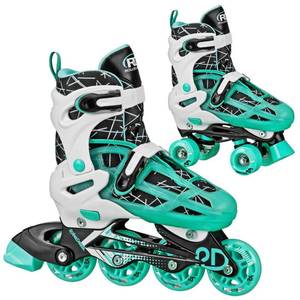 lot 2515 image: Roller Derby Mint Prodigy Kids Adjustable Inline-Quad Combo Skates - WhiteMint Green M (3-6) IndoorOutdoor Use, Adjustable Size, Padded Collar - Retail $50