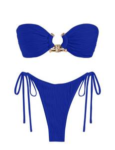 lot 2518 image: ZAFUL Textured Bandeau Bikini Set Swimsuits for Women 2 Piece Triangle Bathing Suit High Cut String Swimwear Royal Blue L&nbsp