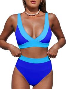 lot 2535 image: Hilinker High Waisted Bikini Sets Bathing Suit for Women Tummy Control V Neck 2 Piece Swimsuits Blue Colorblock C Medium - Retail $41