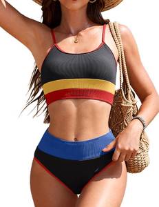lot 2537 image: AIMAGE Womens High Waisted Bikini Sets Two Piece Tummy Control Swimsuits 2025 Color Block Sporty Ribbed Bathing Suits, Black Blue, L
