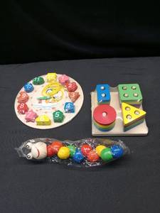 lot 2578 image: Educational Wooden Learning Toys Set Includes Clock, Caterpillar, and Stacking Blocks&nbsp