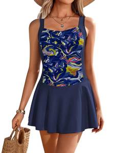 lot 2586 image: Ekouaer Swim Dress One Piece Bathing Suit Skirted Swimsuits for Women Ruched Retro Swimwear, L, Navy Blue