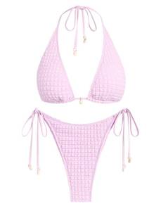 lot 2591 image: ZAFUL Womens Triangle Bikini Multiway Fishnet Tie Side Bandeau Halter String Bikini Set Two Piece Swimsuit Bathing Suits (6-Textured Light Pink, M)&nbsp