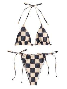 lot 3507 image: ZAFUL Womens Printed Triangle Bikinis 2 Piece Halter Bikini Sets High Cut Bathing Suit Side Tie Swimsuits Black Plaid M - Retail $31