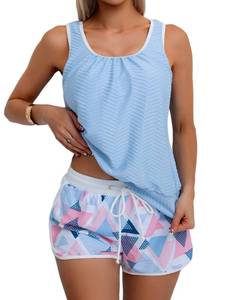 lot 3508 image: Aidonger Womens Tankini Swimsuit Modest Two Piece Bathing Suit Tummy Control Athletic Blouson Tank Top with Short Bottoms Blue Print Small&nbsp