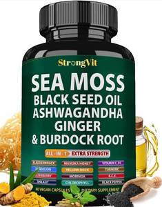 lot 3532 image: SrrongVit Sea Moss Black Seed Oil Ashwaganda Ginger & Burdock Root 60 Capsules - Retail $0