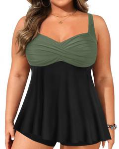 lot 3535 image: Aqua Eve Plus Tankini Tops for Women Swimwear Top Only Bathing Suits Flowy Tummy Control Swimsuit Top Army Green 20 Plus - Retail $34
