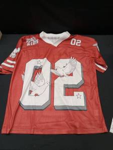 lot 3542 image: Red Peace &amp Love Football Jersey Number 02, Small - Retail $25