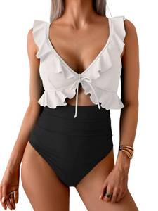 lot 3556 image: Eomenie One Piece Swimsuit for Women Tummy Control Ruffle Bathing Suit V Neck Ruched Swim Suit Slimming Cutout Swimwear White,Black Medium