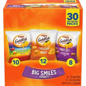 lot 3568 image: Goldfish Crackers Big Smiles Variety Pack with Cheddar, Colors and Pretzels Snack Packs - 29oz30ct