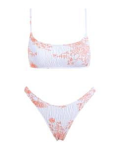 lot 3594 image: VOLAFA Womens Triangle Bikini Set Smocked Textured Scoop Frilled Print Ruched Elastic Swimsuit Two Piece Bathing Suit (Orange-White, Medium) - Retail $34