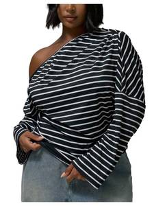 lot 3597 image: WDIRARA Womens Plus Size Striped Off The Shoulder Tops Long Sleeve Asymmetrical Tee Shirts Black and White X-Large Plus - Retail $20
