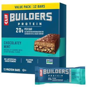 lot 3604 image: CLIF BUILDERS Protein Bars - Chocolatey Mint - 20g Plant Based Protein - Gluten Free - Non-GMO - Low Glycemic - No Artificial Sweeteners - 2.4 oz. (12 Pack)&nbsp