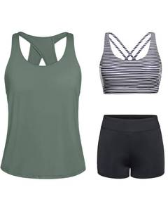 lot 3607 image: Tempt Me Army Green Stripe 3 Piece Tankini Swimsuits for Women Athletic Bathing Suits Swim Tank Top with Boy Shorts and Bra Modest Swimwear XL - Retail $40