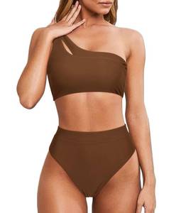 lot 3608 image: MOOSLOVER Women Cutout One Shoulder High Waisted Bikini High Cut Two Piece Swimsuits(M,Coffee) - Retail $36