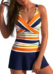 lot 3616 image: ROSEWE Two Piece Tankini Swimsuits for Women, Tummy Control Bathing Suit with Skirt, V-Neck Swimdress Orange Blue large - Retail $41