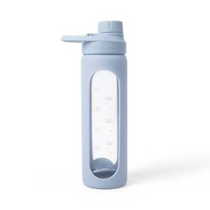 lot 3630 image: Blogilates 19oz Glass Protein Shaker Bottle with Silicone Sleeve - Blue - Retail $17