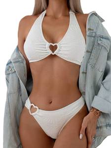lot 3638 image: Verdusa Womens 2 Piece Swimsuit Heart Shaped Ring Decorated Halter Bikini Swimwear Set White Large - Retail $29