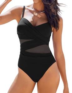 lot 3644 image: AIMAGE Womens One Piece Swimsuit V Neck Ruched Mesh Bathing Suit Tummy Control Slimming Swimwear(Black, X-Large)