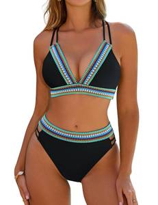 lot 3645 image: Blooming Jelly Womens High Waisted Bikini Sets Colorblock Two Piece Swimming Suits Cutout Bathing Suit (X-Large, Black) - Retail $20